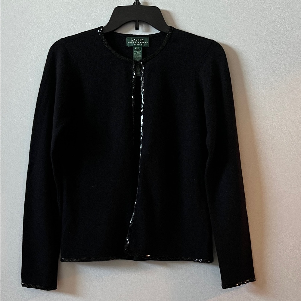 Lauren Ralph Lauren black beaded cardigan merino wool angora cashmere fancy